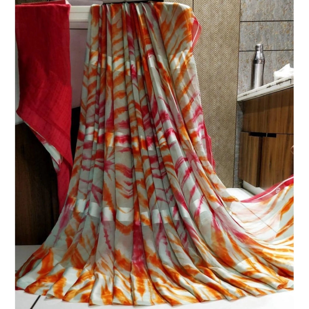 Fashion Women's Sattin Patta Printed Saree With Unstitched Blouse (Orange)
