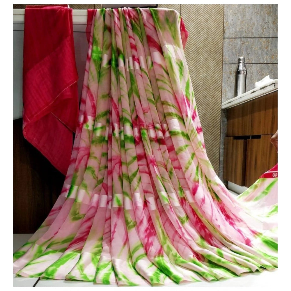 Fashion Women's Sattin Patta Printed Saree With Unstitched Blouse (Pink)