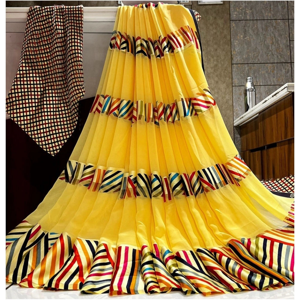 Fashion Women's Sattin Patta Printed Saree With Unstitched Blouse (Yellow)