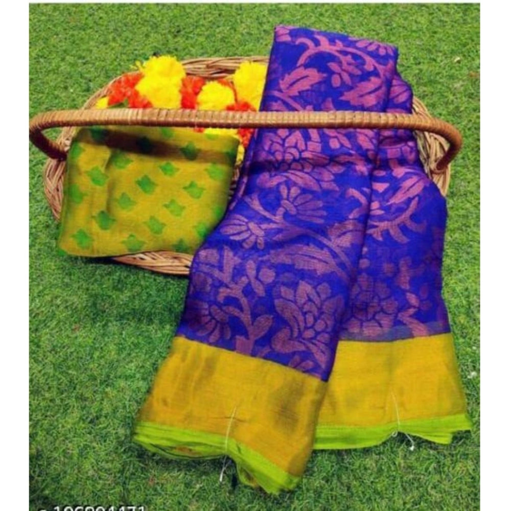 Fashion Women's Viscose Rayon Printed Saree With Unstitched Blouse (Royal Blue)