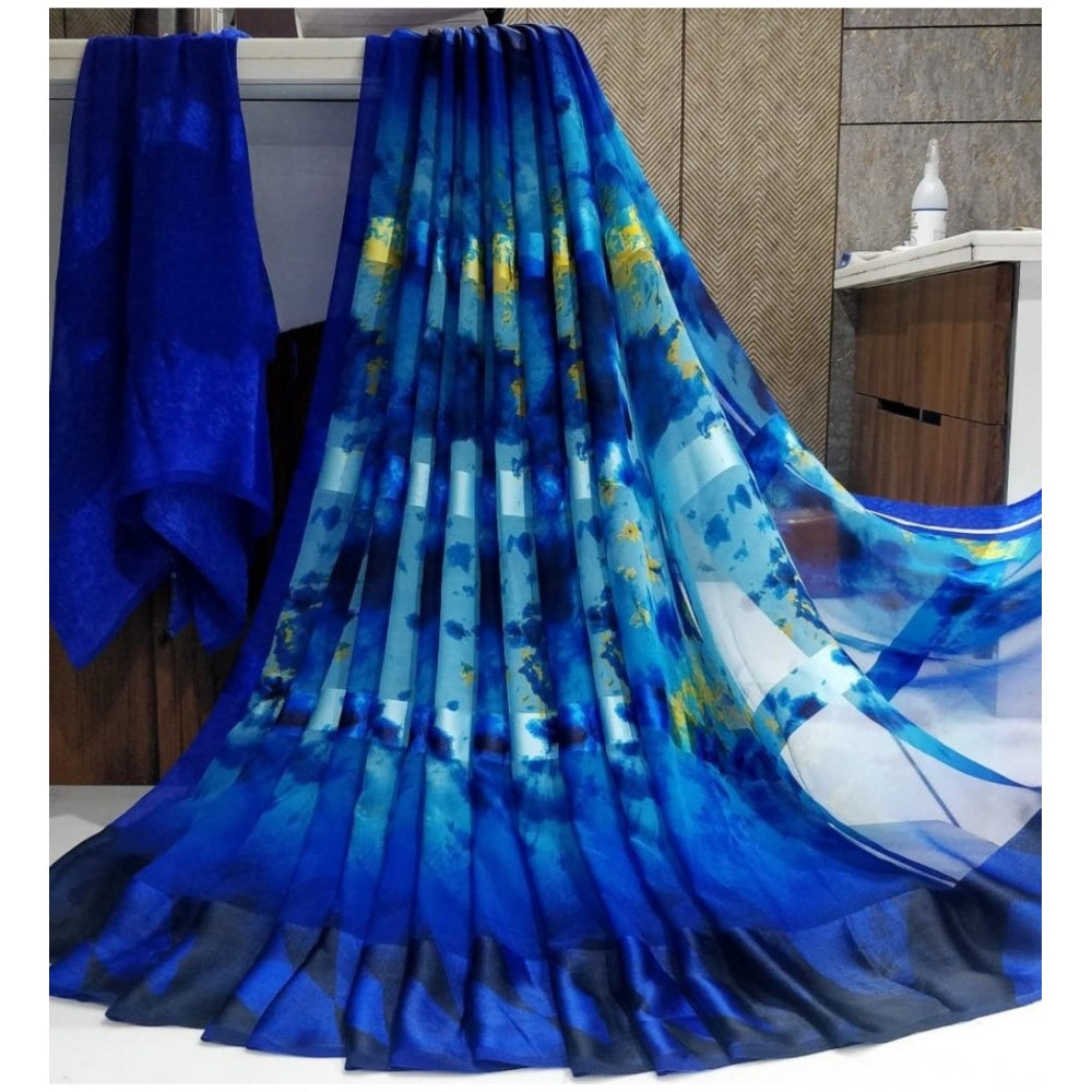 Fashion Women's Sattin Patta Printed Saree With Unstitched Blouse (Blue)