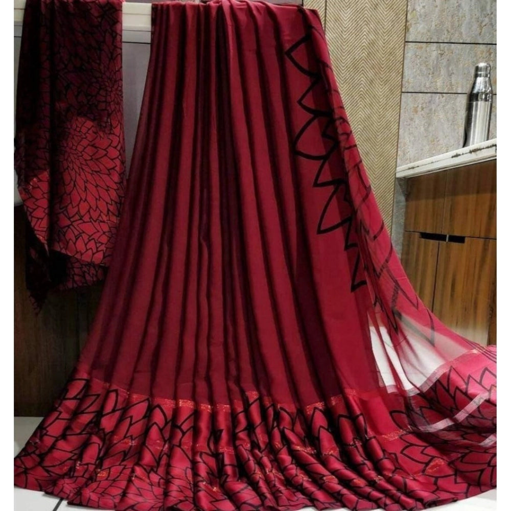 Fashion Women's Sattin Patta Printed Saree With Unstitched Blouse (Maroon)