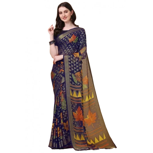 Amfyn Women's Viscose Rayon Printed Saree With Unstitched Blouse (Navy Blue)