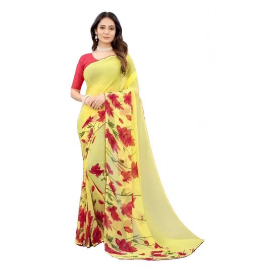 Amfyn Women's Georgette Printed Saree With Unstitched Blouse (Yellow)