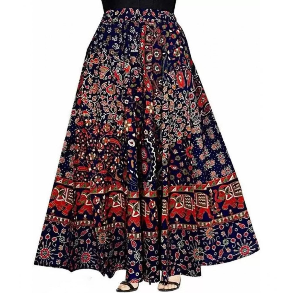 Amfyn Women's Cotton Jaipur Printed Elastic Skirt (Blue, Free Size)