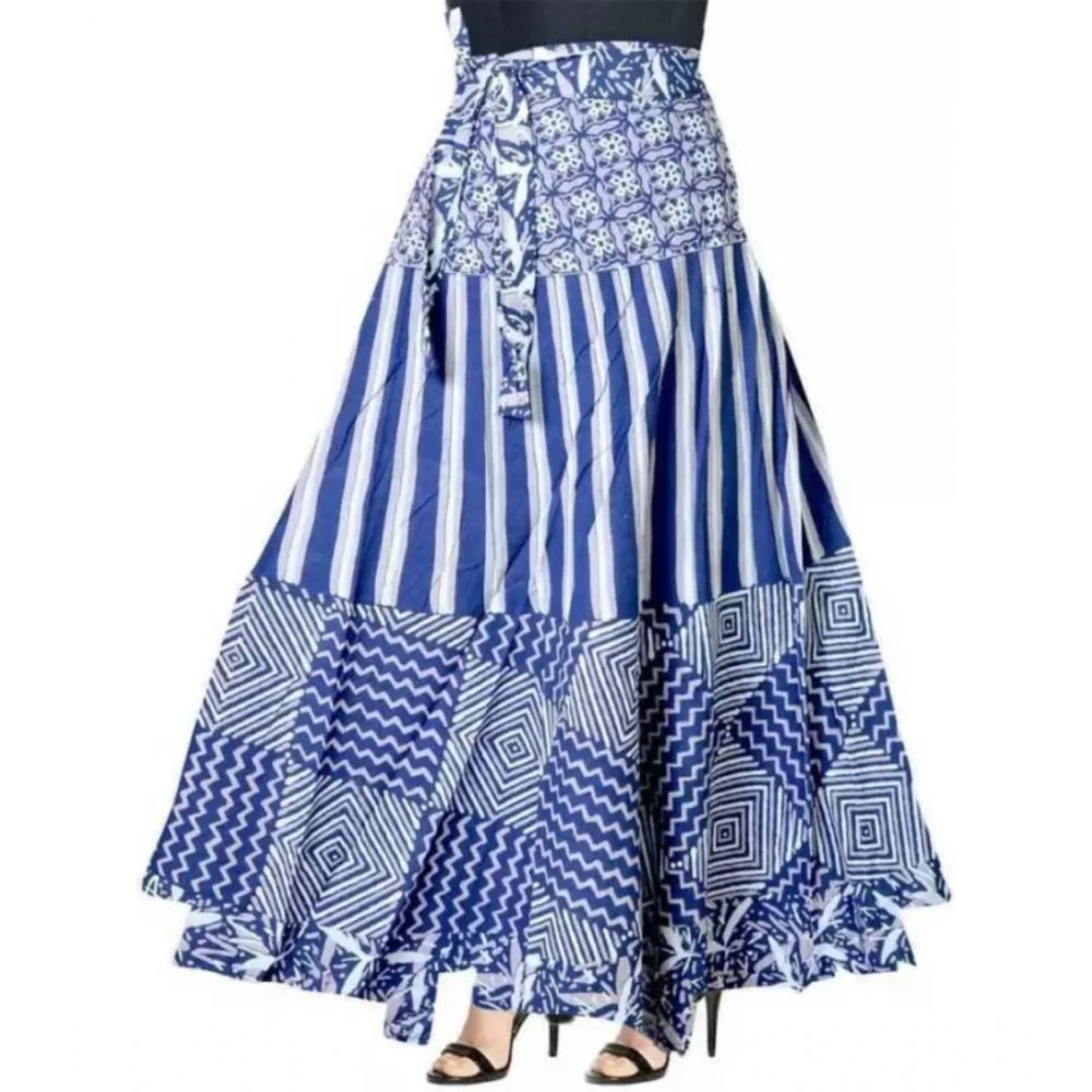 Amfyn Women's Cotton Printed Wrap Around Maxi Skirt (Blue, Free Size)