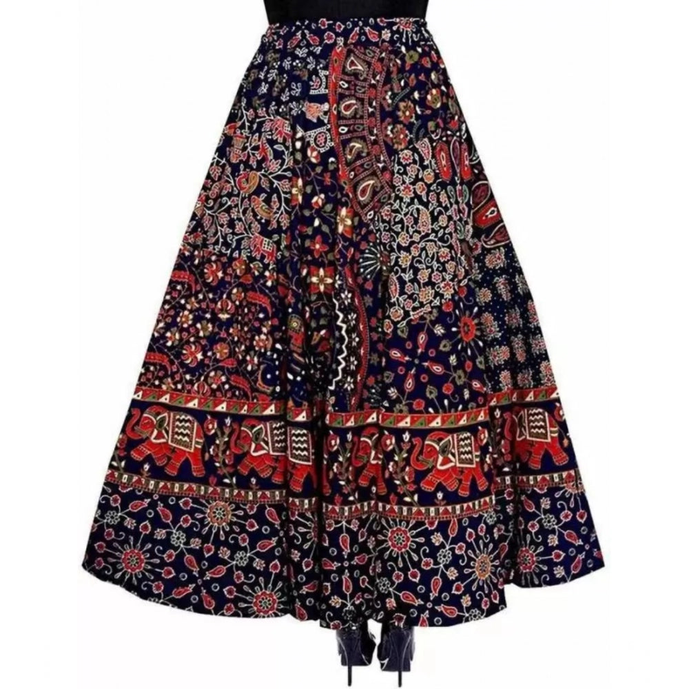 Amfyn Women's Cotton Jaipur Printed Elastic Skirt (Blue, Free Size)