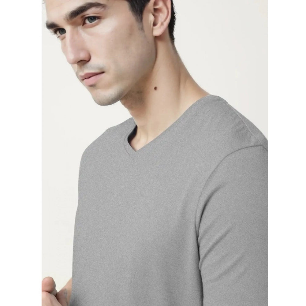 Amfyn Men's Casual Half sleeve Solid Cotton V Neck T-shirt (Grey Melange)