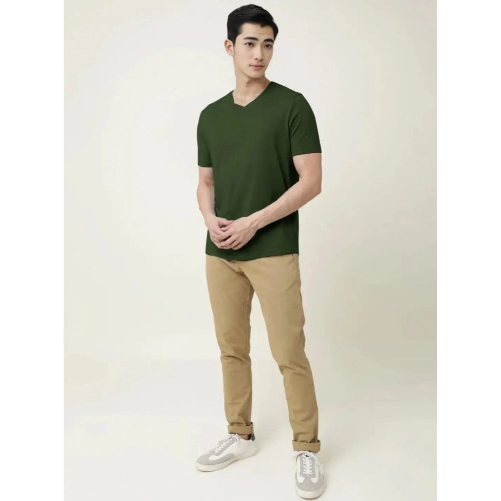 Amfyn Men's Casual Half sleeve Solid Cotton V Neck T-shirt (Olive)