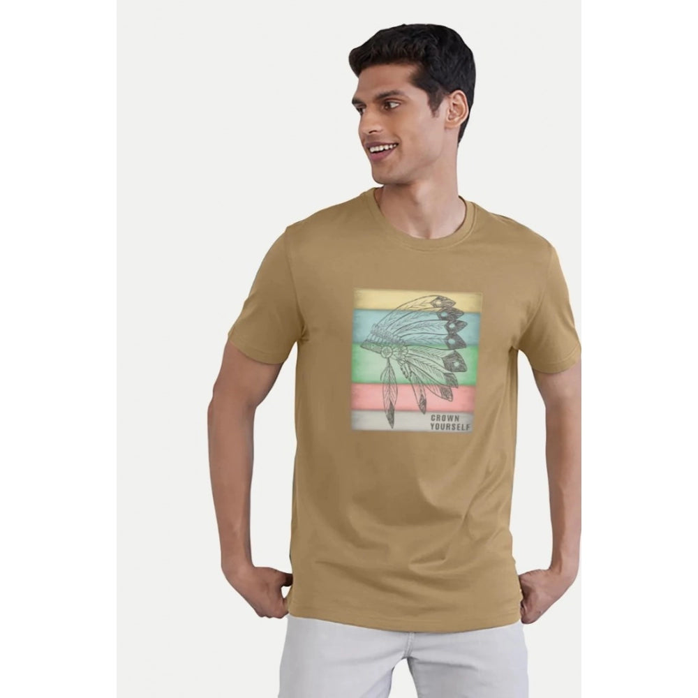 Amfyn Men's Casual Half sleeve Digital Printed Cotton Crew Neck T-shirt (Sand)