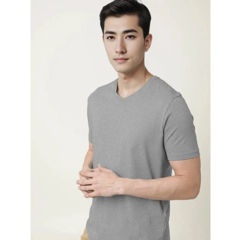 Amfyn Men's Casual Half sleeve Solid Cotton V Neck T-shirt (Grey Melange)