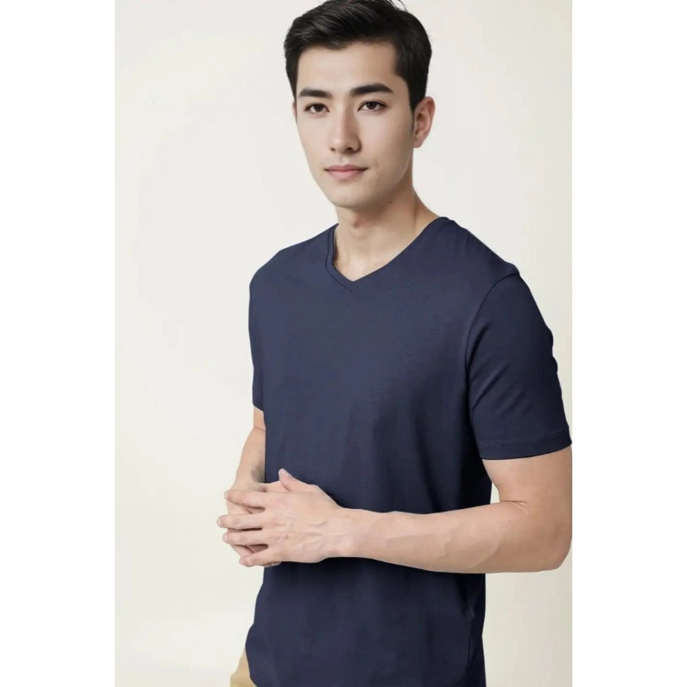 Amfyn Men's Casual Half sleeve Solid Cotton V Neck T-shirt (Navy)