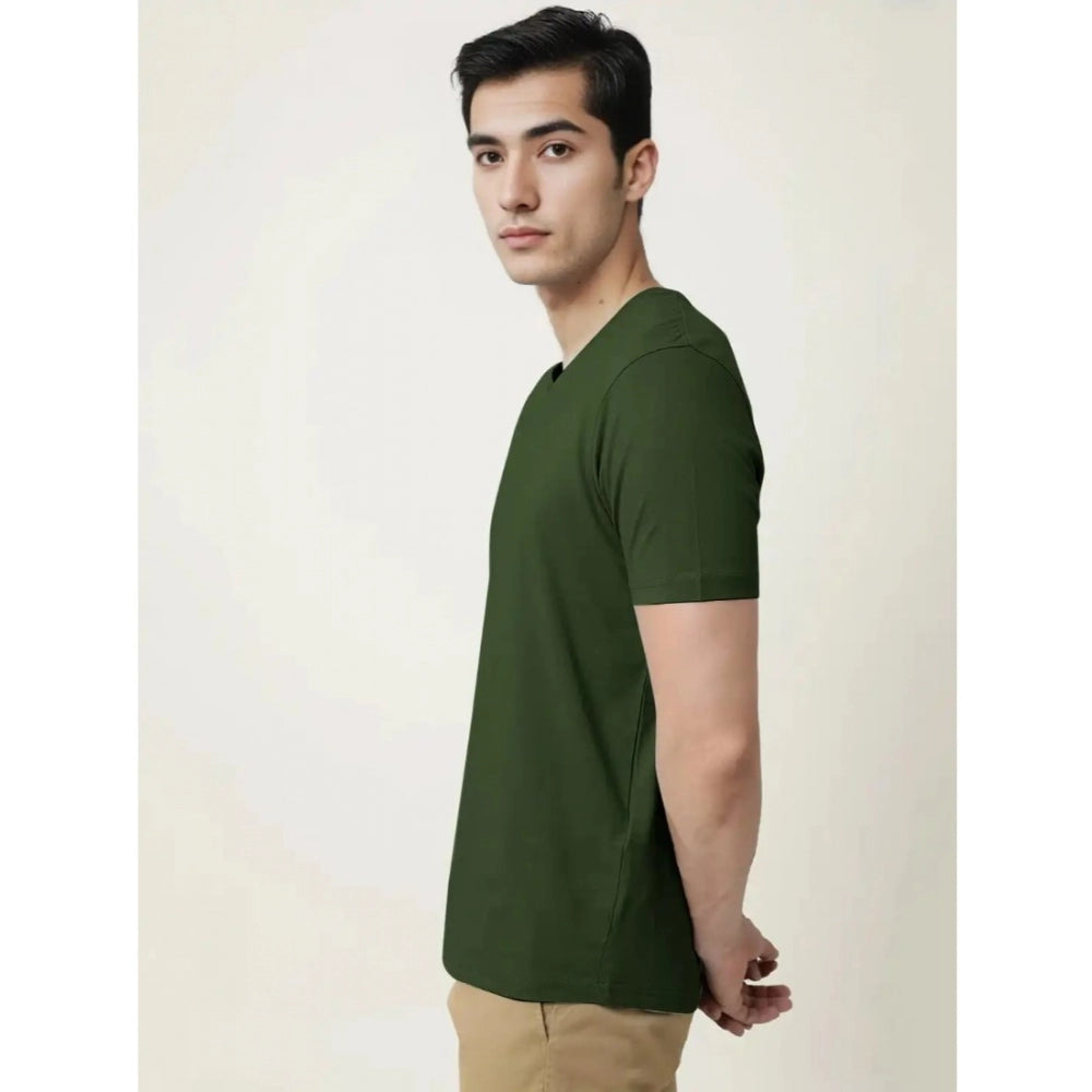 Amfyn Men's Casual Half sleeve Solid Cotton V Neck T-shirt (Olive)