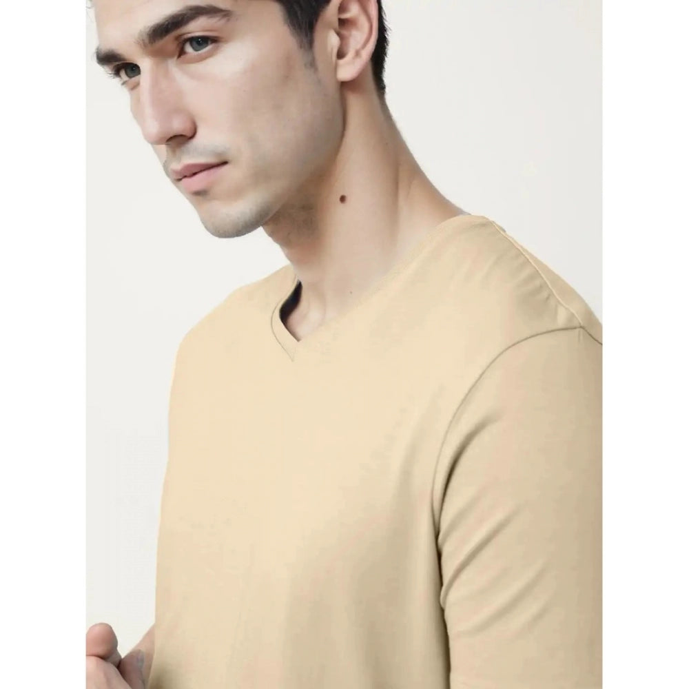 Amfyn Men's Casual Half sleeve Solid Cotton V Neck T-shirt (Beige)