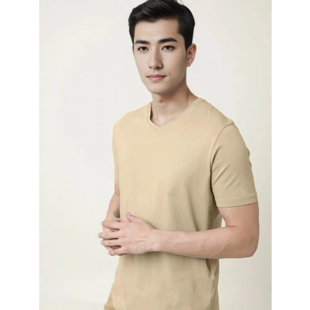 Amfyn Men's Casual Half sleeve Solid Cotton V Neck T-shirt (Beige)