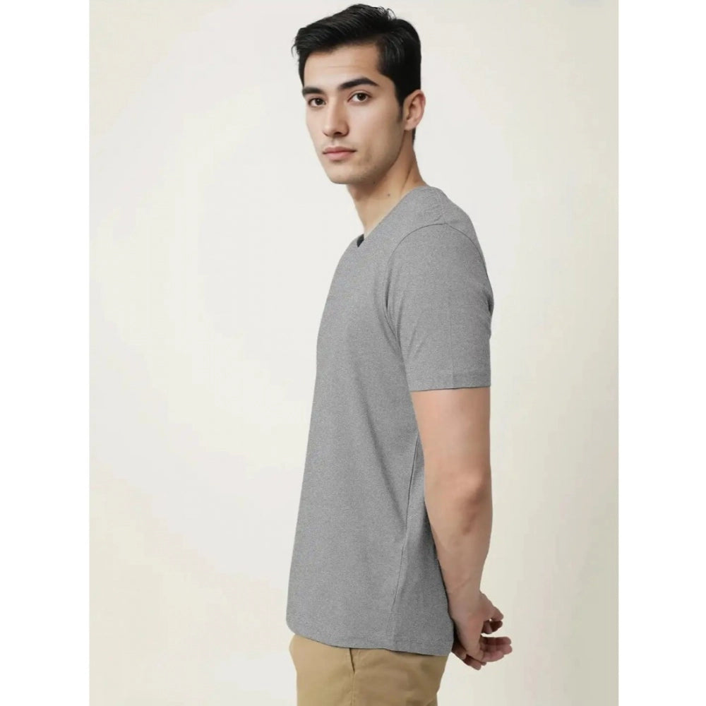 Amfyn Men's Casual Half sleeve Solid Cotton V Neck T-shirt (Grey Melange)