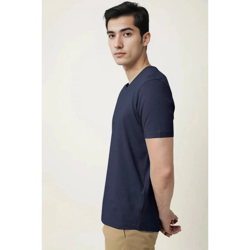 Amfyn Men's Casual Half sleeve Solid Cotton V Neck T-shirt (Navy)