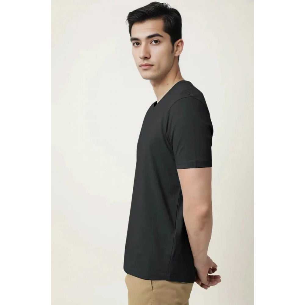 Amfyn Men's Casual Half sleeve Solid Cotton V Neck T-shirt (Black)