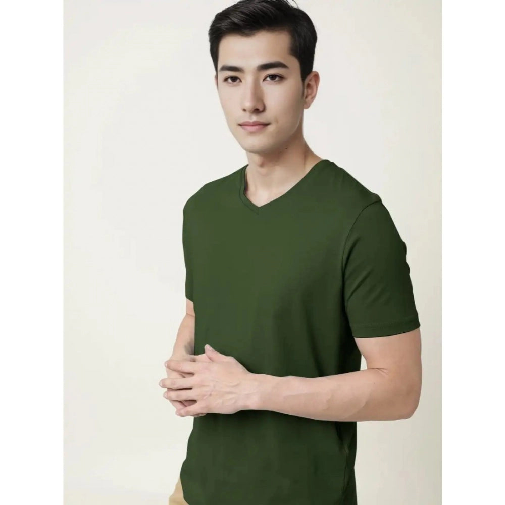 Amfyn Men's Casual Half sleeve Solid Cotton V Neck T-shirt (Olive)