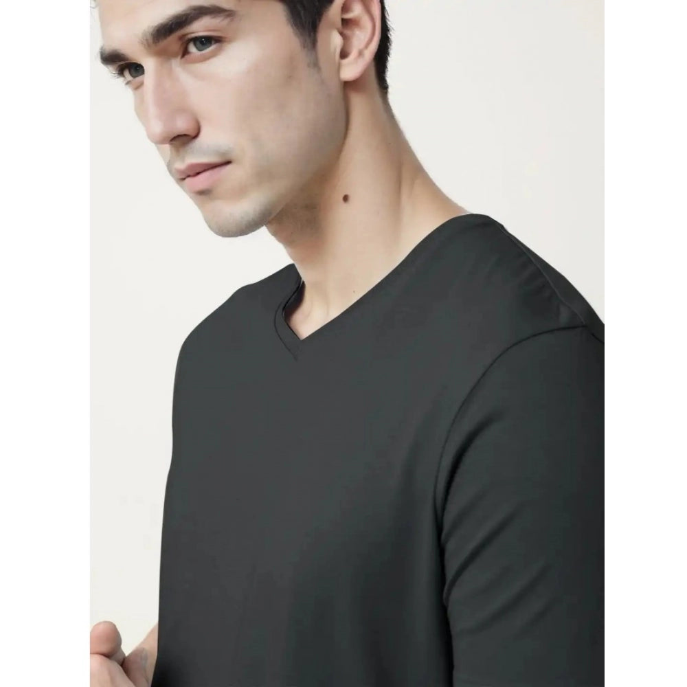 Amfyn Men's Casual Half sleeve Solid Cotton V Neck T-shirt (Black)