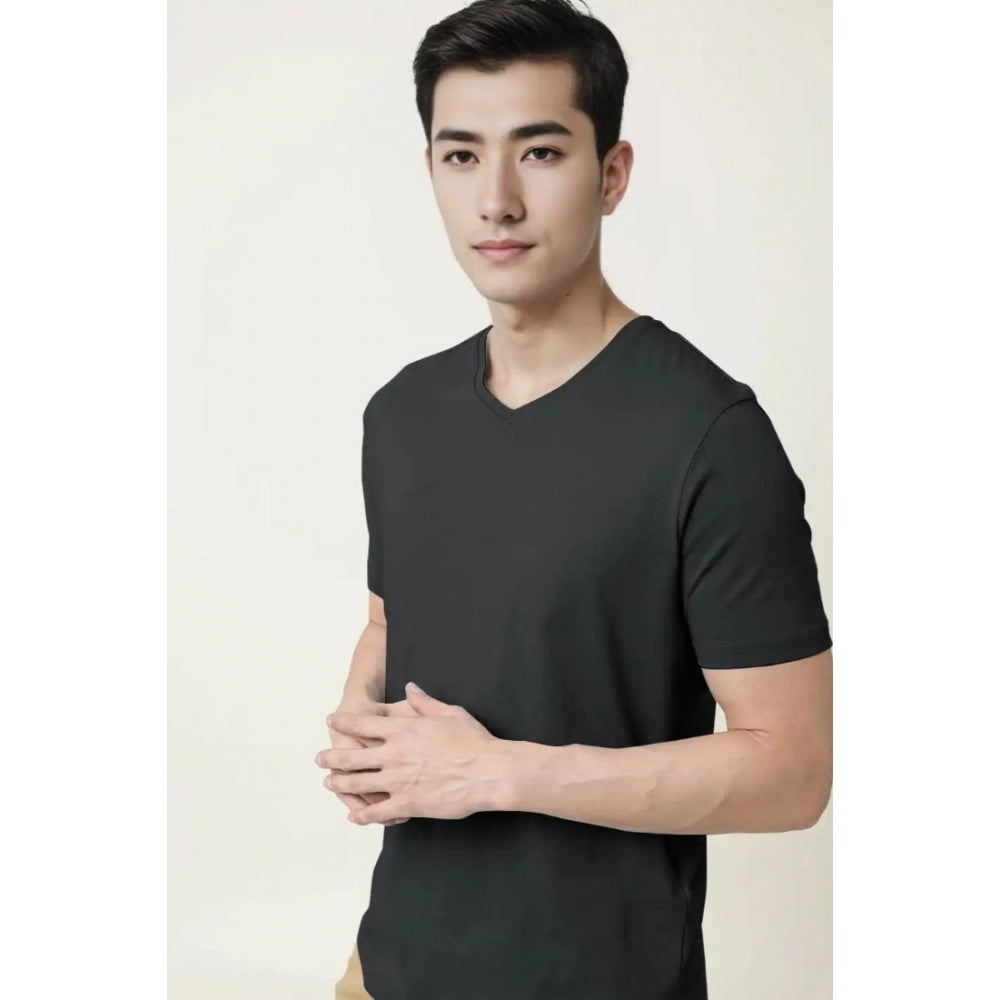 Amfyn Men's Casual Half sleeve Solid Cotton V Neck T-shirt (Black)