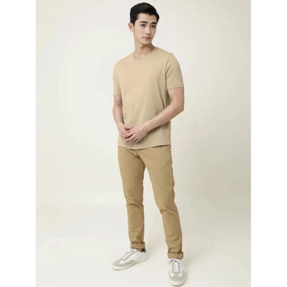 Amfyn Men's Casual Half sleeve Solid Cotton V Neck T-shirt (Beige)