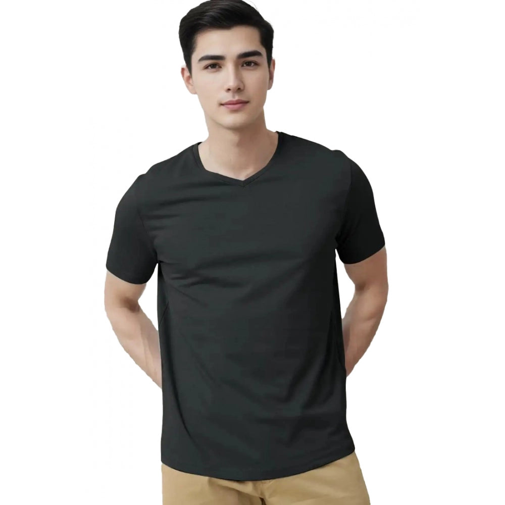 Amfyn Men's Casual Half sleeve Solid Cotton V Neck T-shirt (Black)