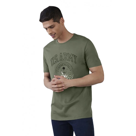 Amfyn Men's Casual Half sleeve Printed Cotton Crew Neck T-shirt (Military Green)