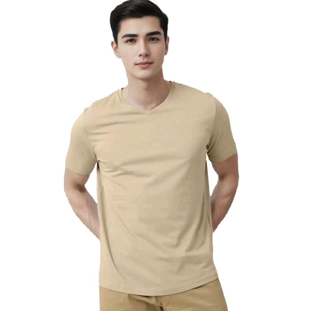 Amfyn Men's Casual Half sleeve Solid Cotton V Neck T-shirt (Beige)