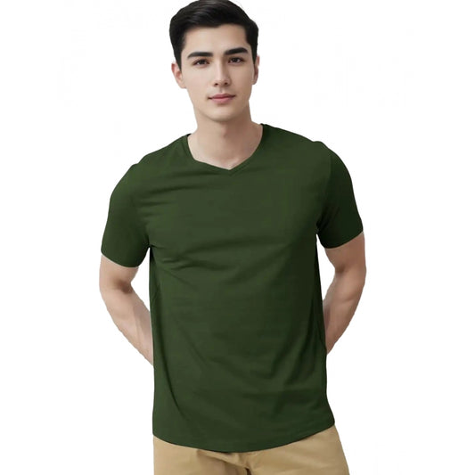 Amfyn Men's Casual Half sleeve Solid Cotton V Neck T-shirt (Olive)