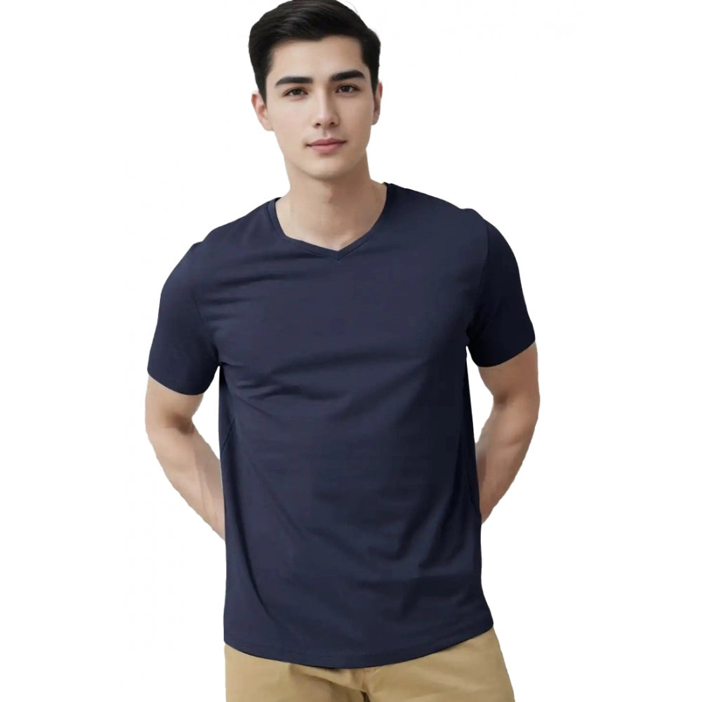 Amfyn Men's Casual Half sleeve Solid Cotton V Neck T-shirt (Navy)