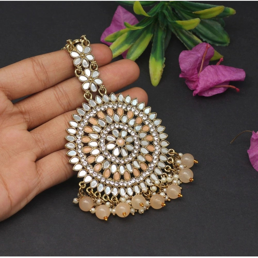 Fashion Women's Peach Color Mirror Work Maang Tikka