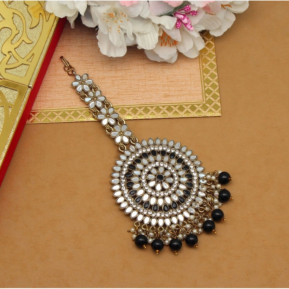 Fashion Women's Black Color Mirror Work Maang Tikka