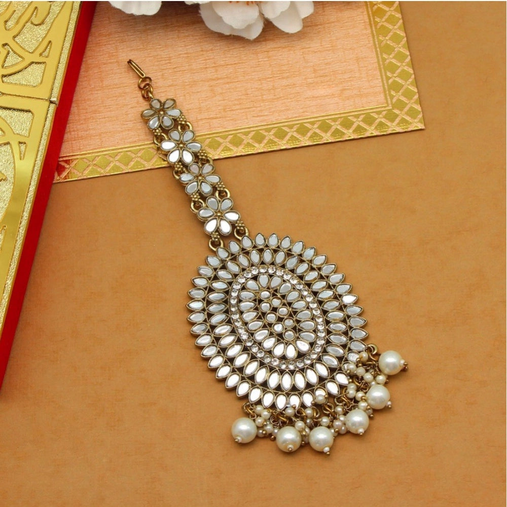 Fashion Women's White Color Mirror Work Maang Tikka