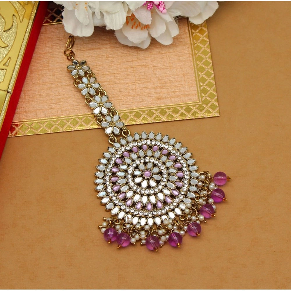 Fashion Women's Purple Color Mirror Work Maang Tikka