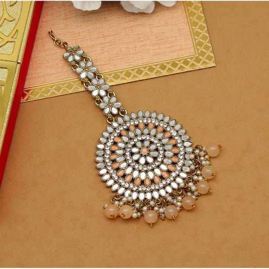 Fashion Women's Peach Color Mirror Work Maang Tikka