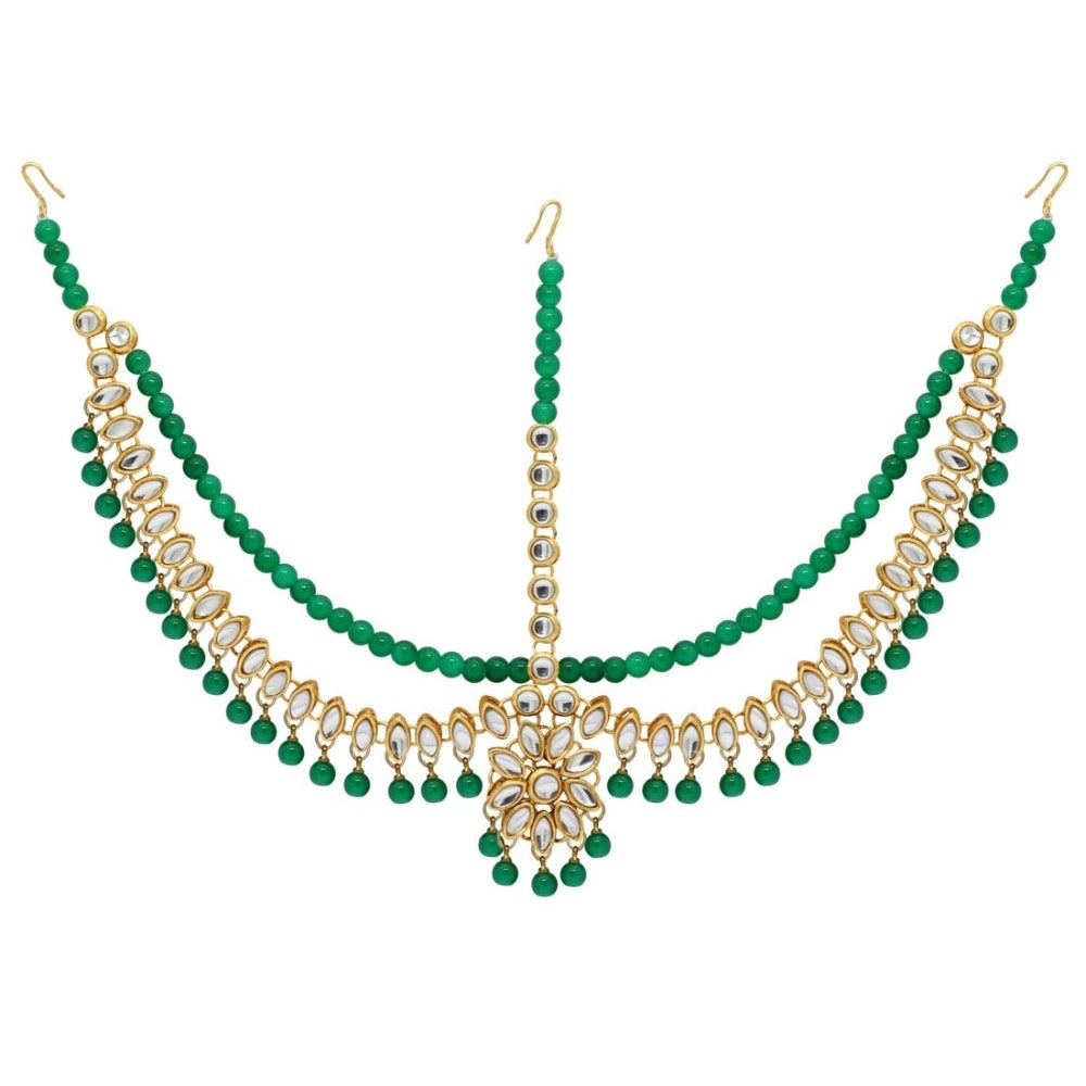 Fashion Women's Green Color Imitation Pearl &amp; Kundan Work Matha Patti