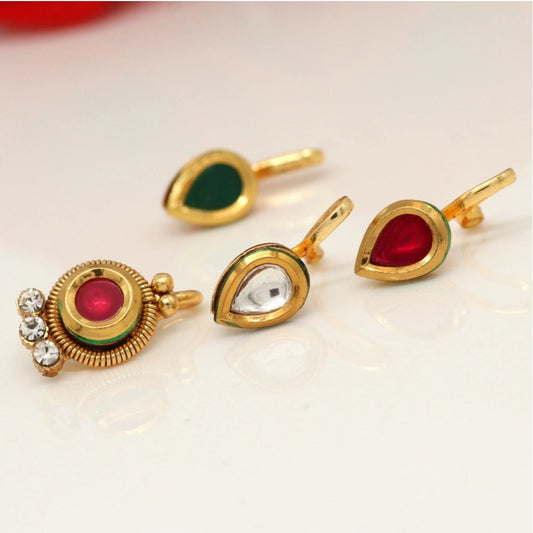 Fashion Women's Multi Color Kundan Nose Pin Combo Of 4 Pieces