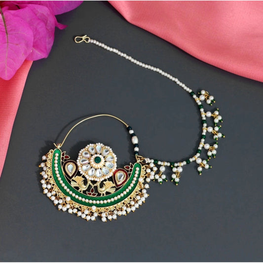 Fashion Women's Green Color Kundan &amp; Beads Nose Nath