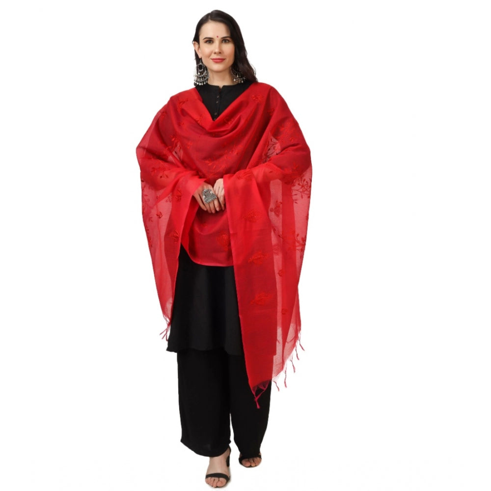 Amfyn Women's Cotton Embroidered Dupatta (Red, Length: 2.25 to 2.50 Mtr)