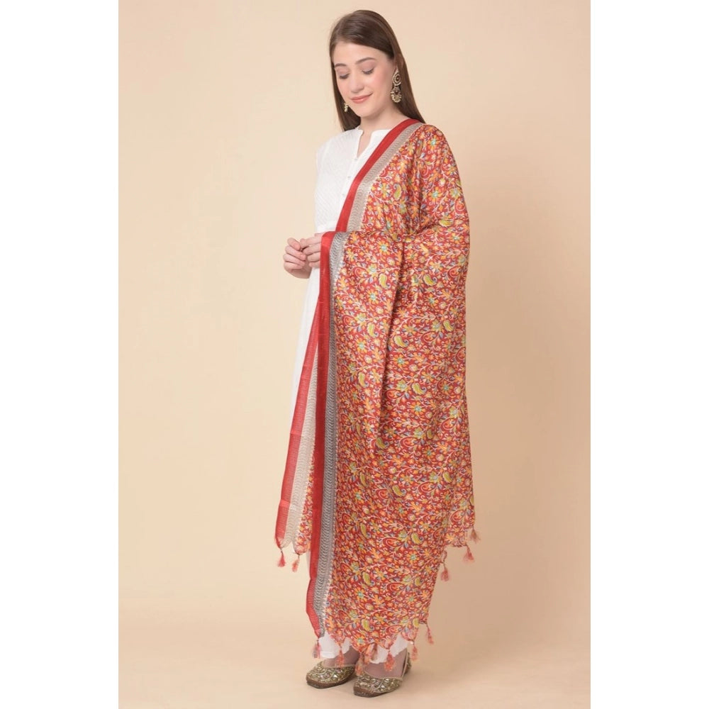 Amfyn Women's Art Silk Printed Dupatta (Red, Length: 2.25 to 2.50 Mtr)