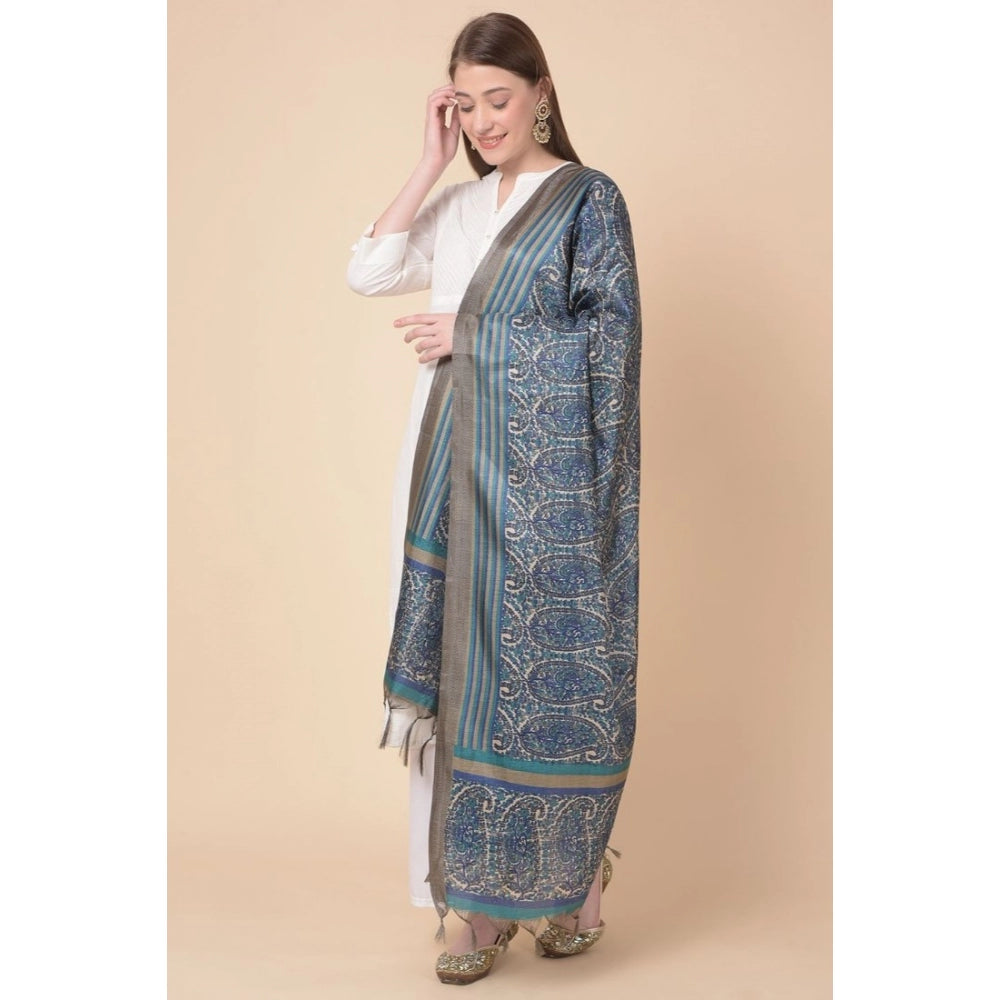 Amfyn Women's Art Silk Printed Dupatta (Blue, Length: 2.25 to 2.50 Mtr)