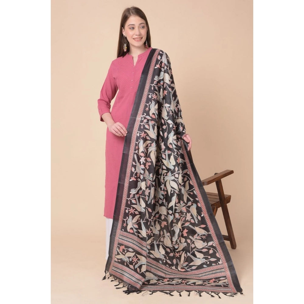 Amfyn Women's Art Silk Printed Dupatta (Black, Length: 2.25 to 2.50 Mtr)