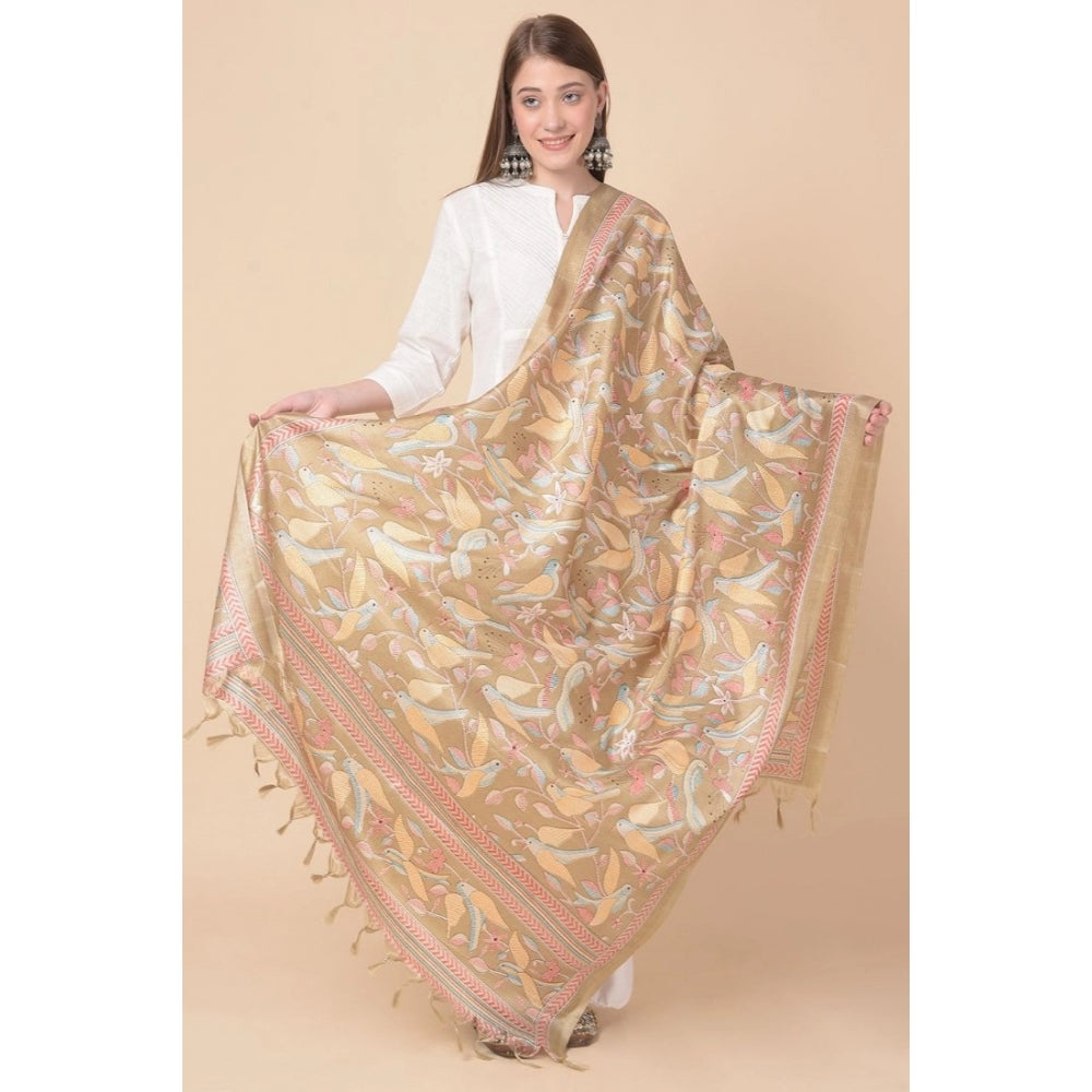 Amfyn Women's Art Silk Printed Dupatta (Light Brown, Length: 2.25 to 2.50 Mtr)