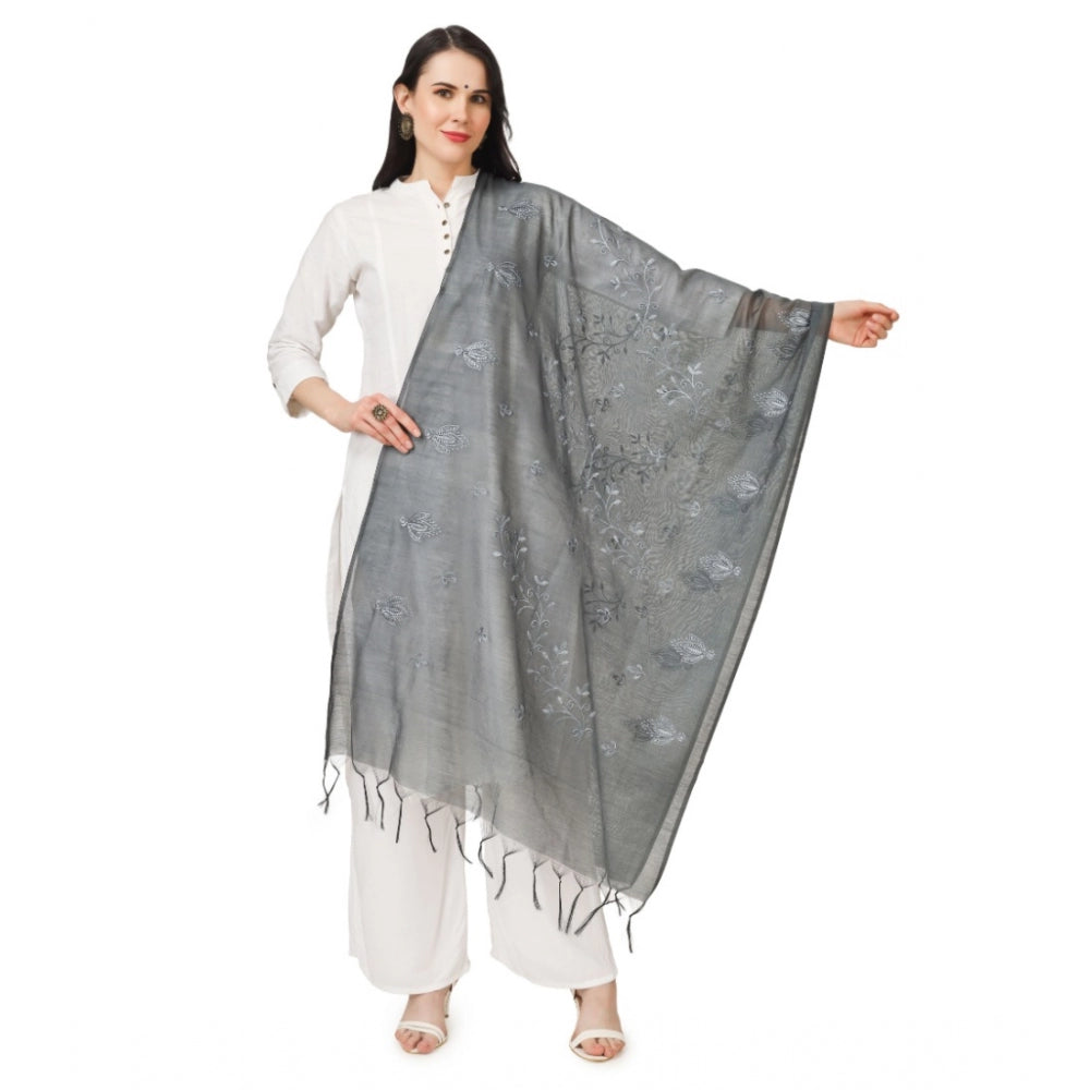 Amfyn Women's Cotton Embroidered Dupatta (Grey, Length: 2.25 to 2.50 Mtr)