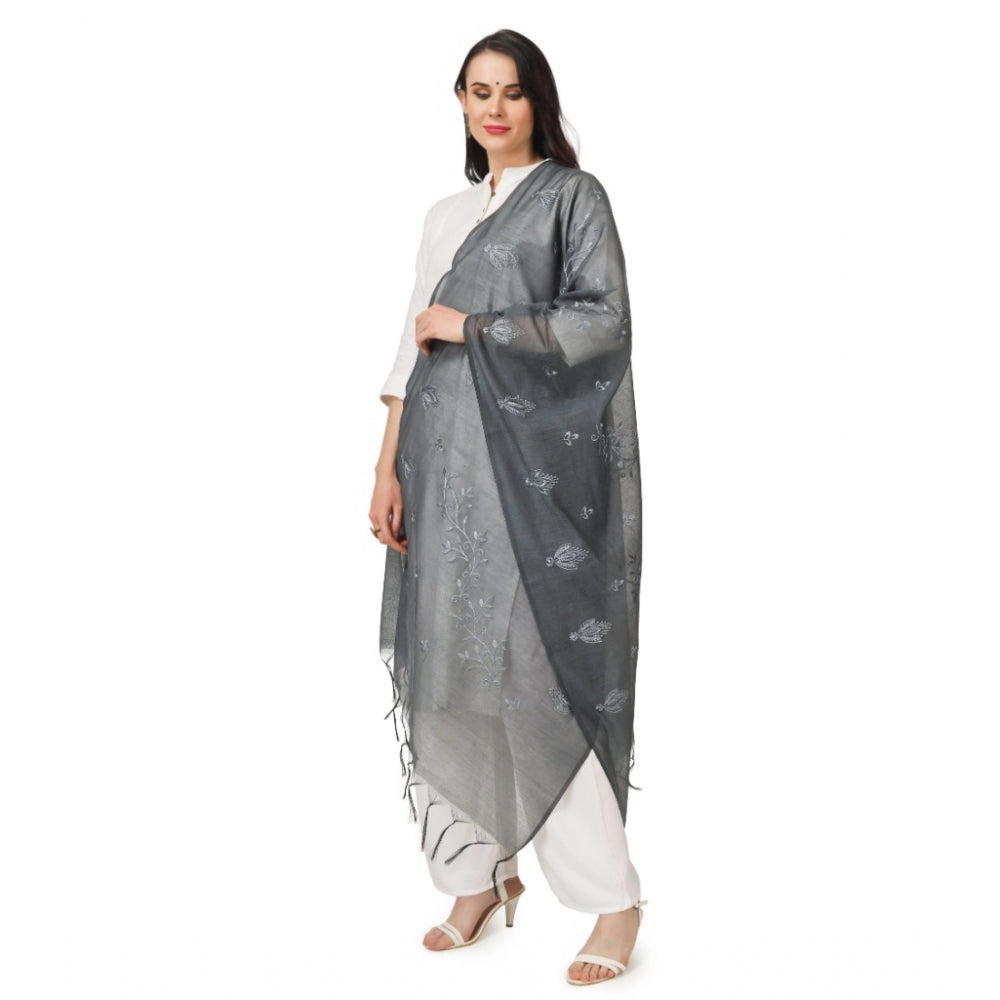 Amfyn Women's Cotton Embroidered Dupatta (Grey, Length: 2.25 to 2.50 Mtr)