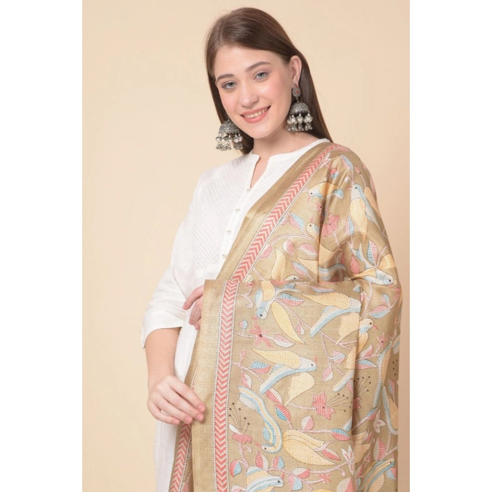 Amfyn Women's Art Silk Printed Dupatta (Light Brown, Length: 2.25 to 2.50 Mtr)