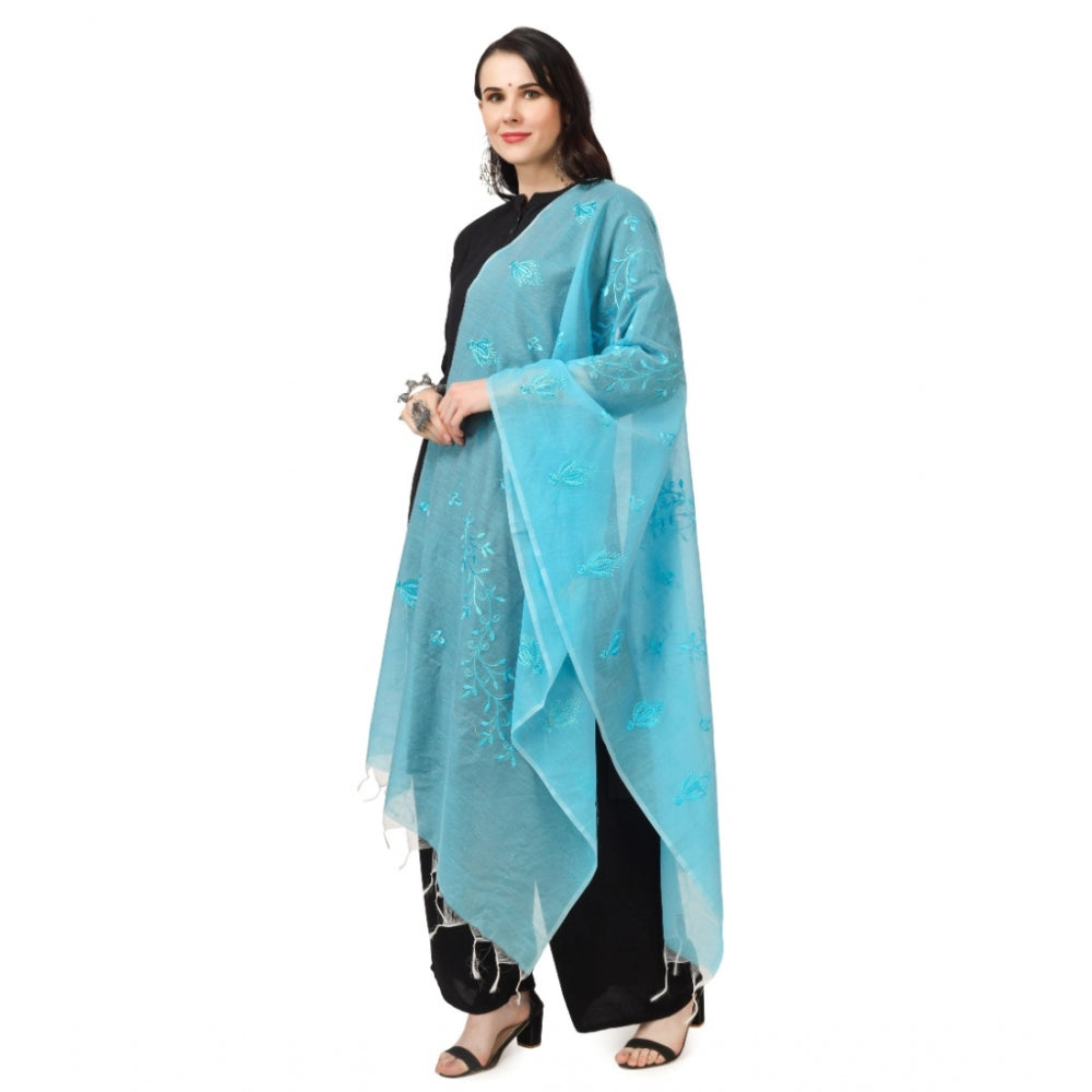 Amfyn Women's Cotton Embroidered Dupatta (Aqua Blue, Length: 2.25 to 2.50 Mtr)