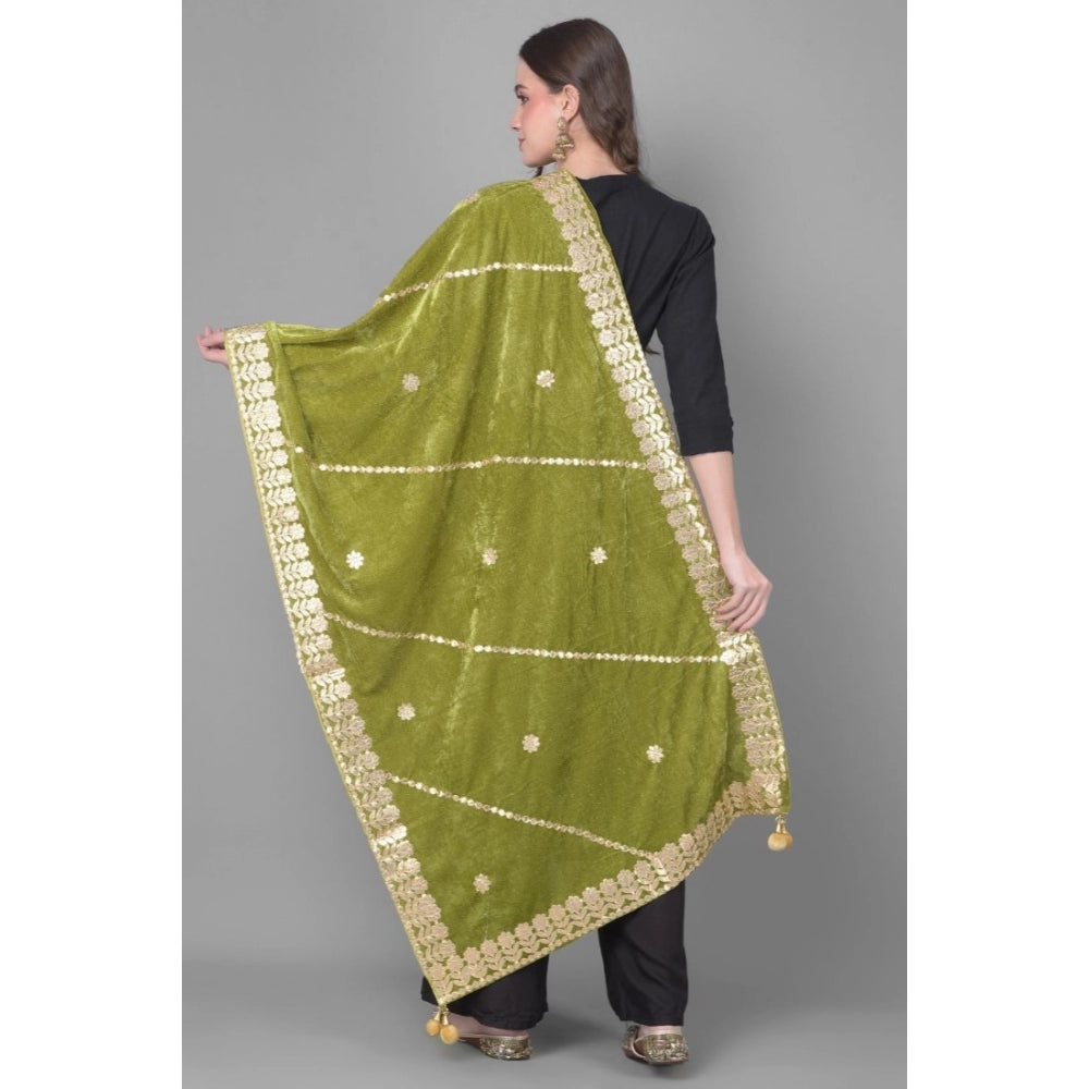 Amfyn Women's Velvet Gotta Patti Dupatta (Olive, Length: 2.25 to 2.50 Mtr)