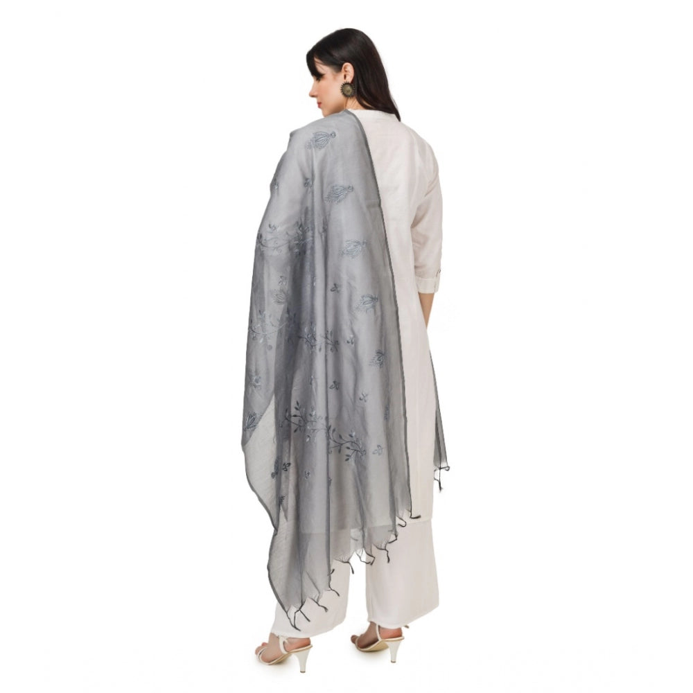 Amfyn Women's Cotton Embroidered Dupatta (Grey, Length: 2.25 to 2.50 Mtr)